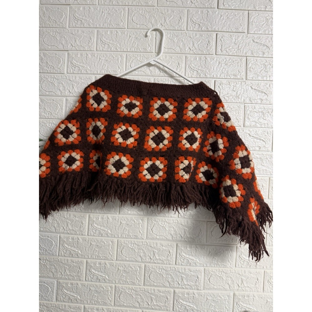 Vintage 60s 70s Poncho Brown Orange Tan, Handmade Crochet Granny Fringe Hippie
